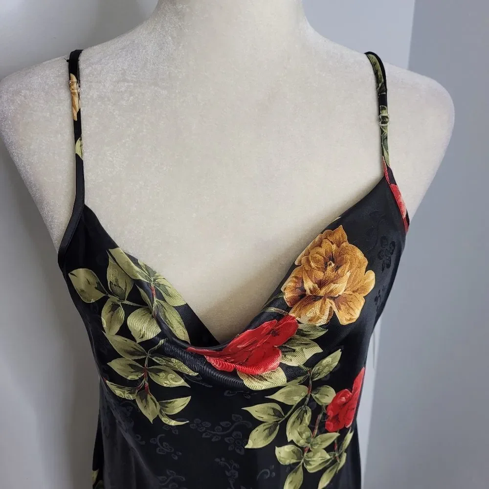 NEW VINTAGE 90s deadstock black dark floral‎ nightgown and robe M - Picture 4 of 11